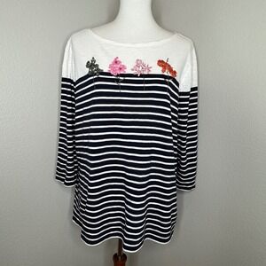 TALBOTS Floral Embroidery Cotton Blend‎ Top 1X 3/4 Sleeves Navy White Stripes